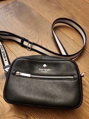 kate spade Black Pebbled Leather Crossbody with Striped Strap